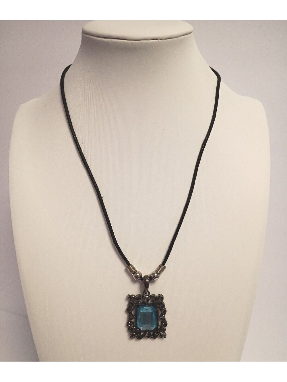 Vintage Lightweight, Versatile, Black Cord Necklace with Blue Faceted Pendant